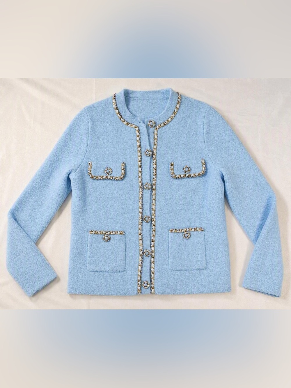 Leo & Ugo Vintage-Inspired Powder Blue Bouclé Chain Trim Cardigan Size 44